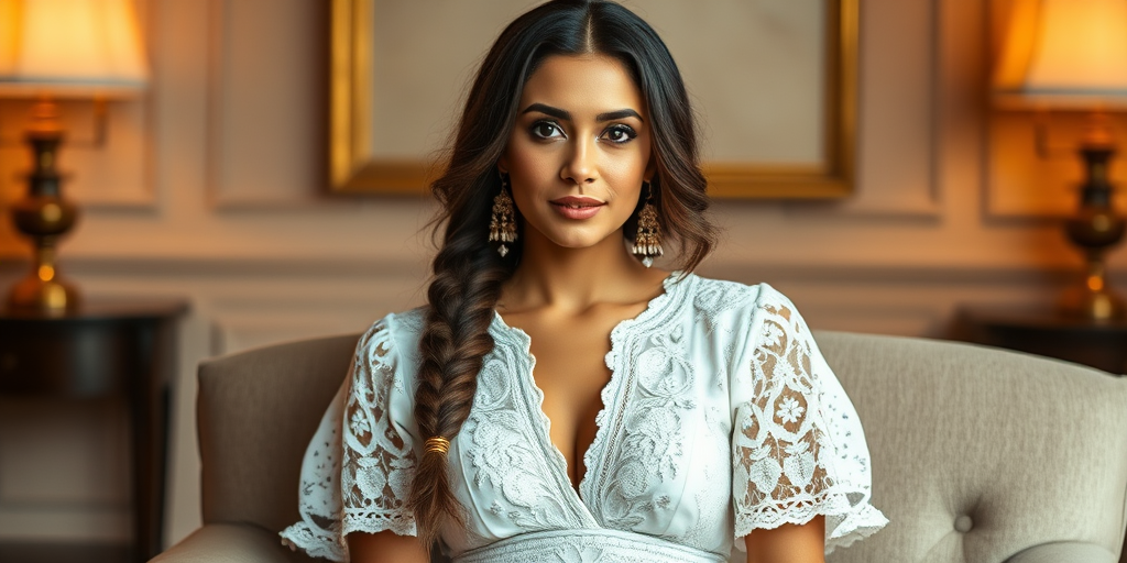Create a portrait of a refined and elegant Coptic woman seated in a sophisticated setting. She has long, wavy hair styled in two thick braids that are pulled over her shoulders. She wears a white, lace gown with intricate patterns, featuring a deep V-neckline and short sleeves. The dress exudes a vintage charm with its delicate lacework. She is adorned with ornate, dangling earrings that add a touch of glamour to her appearance. The background is softly lit, with warm, ambient lighting that creates a cozy and inviting atmosphere. Her expression is poised and serene, capturing a sense of grace and elegance.