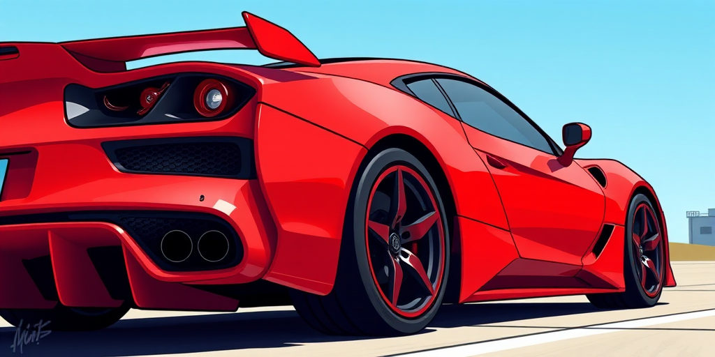 A highly detailed digital illustration of a red sports car with sleek lines and a prominent spoiler, captured from a low angle perspective, using a wide-angle lens at f/8 aperture, ISO 100, 1/200 sec exposure, in a vibrant cartoon style with bold colors and smooth shading.