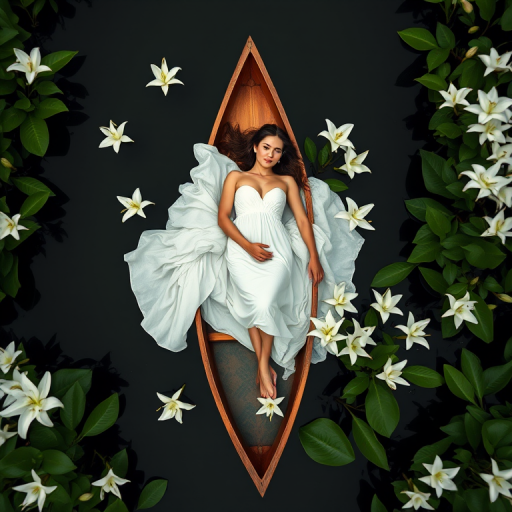 A serene scene of a woman in a flowing white dress lying on a canoe surrounded by lush white lilies, shot from above with a Canon EOS R5, 24mm lens, f/2.8 aperture, ISO 100, natural soft lighting for enhanced clarity and detail.