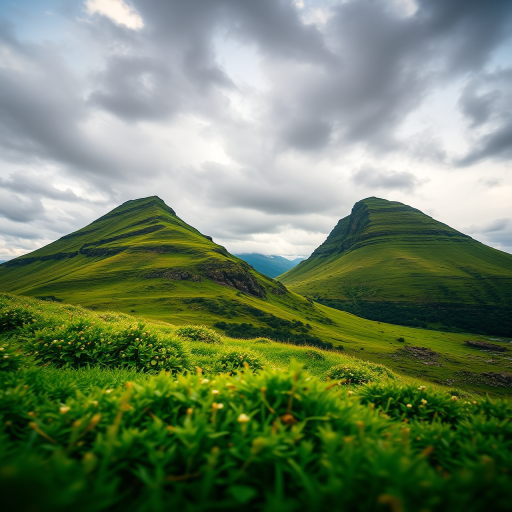 capture a dramatic landscape of two prominent hills with lush greenery under a cloudy sky, using a DSLR camera with a 24mm lens, aperture f/8, ISO 200, focus on depth of field, shot from a low angle to emphasize the height of the hills and a wide view to include surrounding terrain