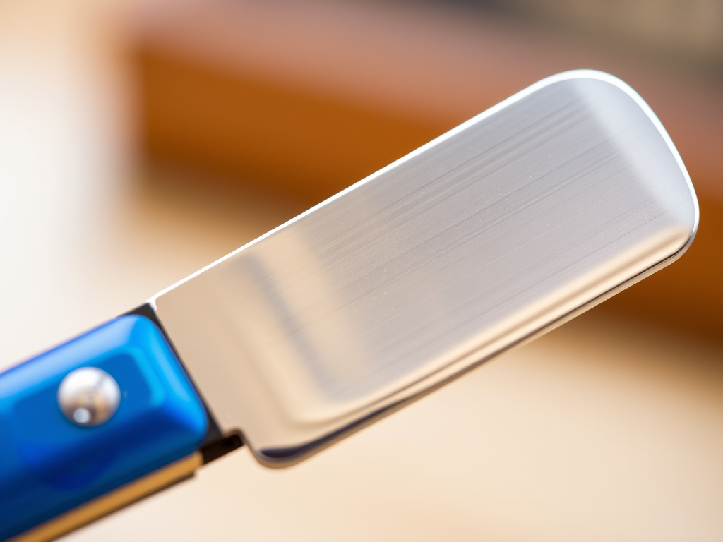 Create a high-resolution image of a straight razor with a shiny silver blade and a vibrant blue handle, using a macro lens, aperture set to f/2.8 for shallow depth of field, 50mm focal length, and soft natural lighting to emphasize details and reflections.