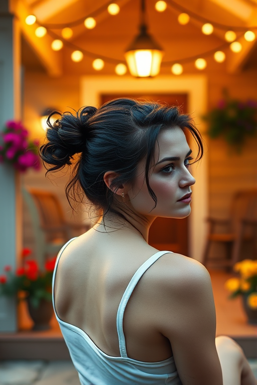 A photo of Kristen Stewart with a background of a cozy porch. She has dark hair pulled back in an updo, with tendrils framing her face. She wears a white tank top and sits on the porch. The porch is part of a well-lit home with a warm, earthy tone and colorful flowers and foliage. The overall scene has a warm, welcoming, and comfortable ambiance.
