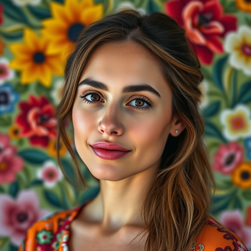 portrait of a woman with a floral background, vibrant colors, high detail, soft lighting, 50mm lens, f/1.8 aperture, ISO 100, shallow depth of field, shot with a DSLR.