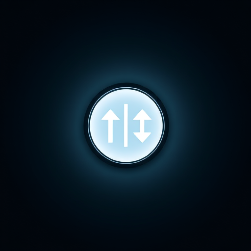Create a high-resolution minimalist design featuring a centered circular button with upward and downward arrows inside, using a Canon EOS R5 camera, aperture f/2.8, shutter speed 1/250s, ISO 100, with a 50mm lens and a shallow depth of field for enhanced focus on the button.