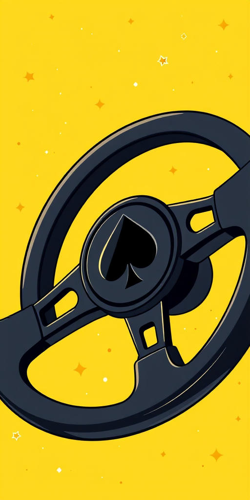 Create a high-resolution illustration of a black steering wheel with an ace of spades symbol in the center, set against a bright yellow background filled with scattered stars; use a Canon EOS R5 camera with a 50mm lens, aperture set to f/2.8, ISO 100, and a soft focus style for a vibrant and clean look.