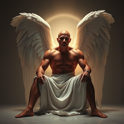 Create an image of a muscular angelic figure with large wings, wearing a flowing draped fabric, seated in a dramatic pose, illuminated from behind with a soft halo of light, using a DSLR, f/1.8 aperture, 85mm lens, ISO 100, over-the-shoulder view, high contrast, deep shadows, and rich textures for enhanced quality.