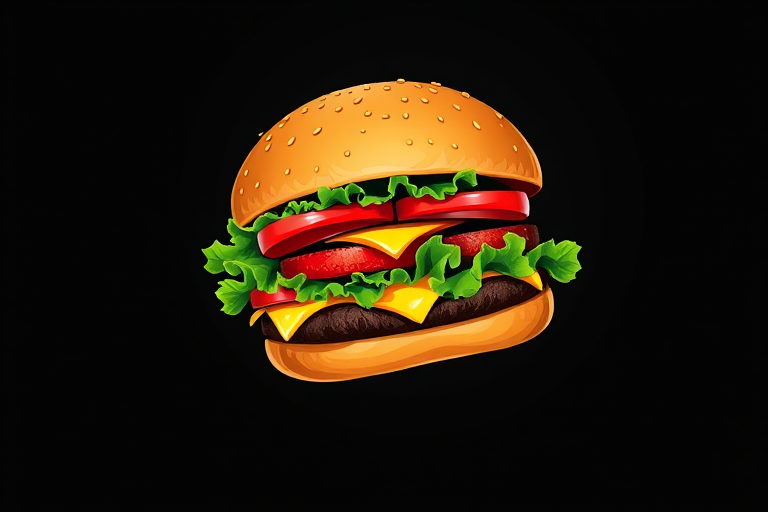 Create a colorful vector illustration of a floating hamburger with lettuce, tomato, and cheese on a dark background using a high-resolution digital drawing style, captured at 35mm lens, f/8 aperture, and ISO 100 for enhanced clarity and vibrancy.