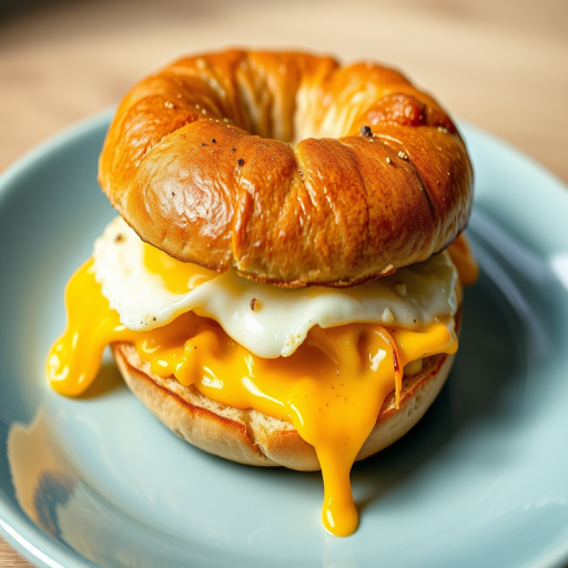Close-up of a freshly made bagel sandwich with scrambled eggs and melted cheese on a light blue plate, natural daylight, f/2.8, 1/60s, ISO 200, macro lens, smartphone camera.