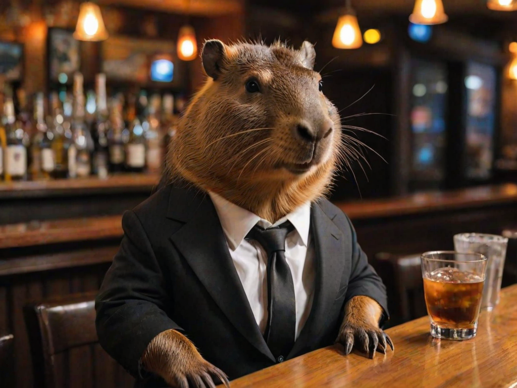photo of a dapper dressed capybara, he is wearing a black suit and is waiting at a bar for a drink