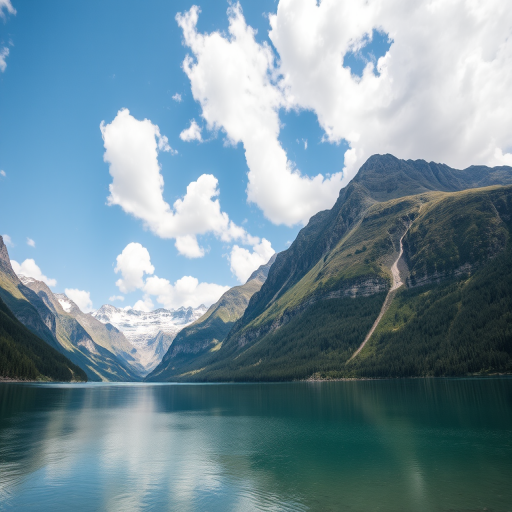 Generate a vivid landscape of a serene lake surrounded by mountains under a clear blue sky with fluffy clouds, captured using a DSLR camera with a 24mm lens at f/8, ISO 100, and a shutter speed of 1/250 sec from a low angle perspective to enhance the depth and colors of the scene.