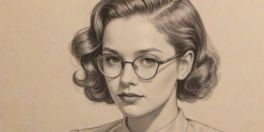 Wonderful Cailee Spaeny, pencil sketch, portrait of Graceful woman 1937s in glasses, hair style beatnik, outline, clear lines, fine lines, 8k