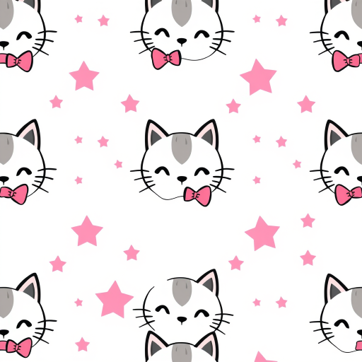 Create a seamless pattern featuring cute cartoon cat faces with pink bows on a light background interspersed with pink stars