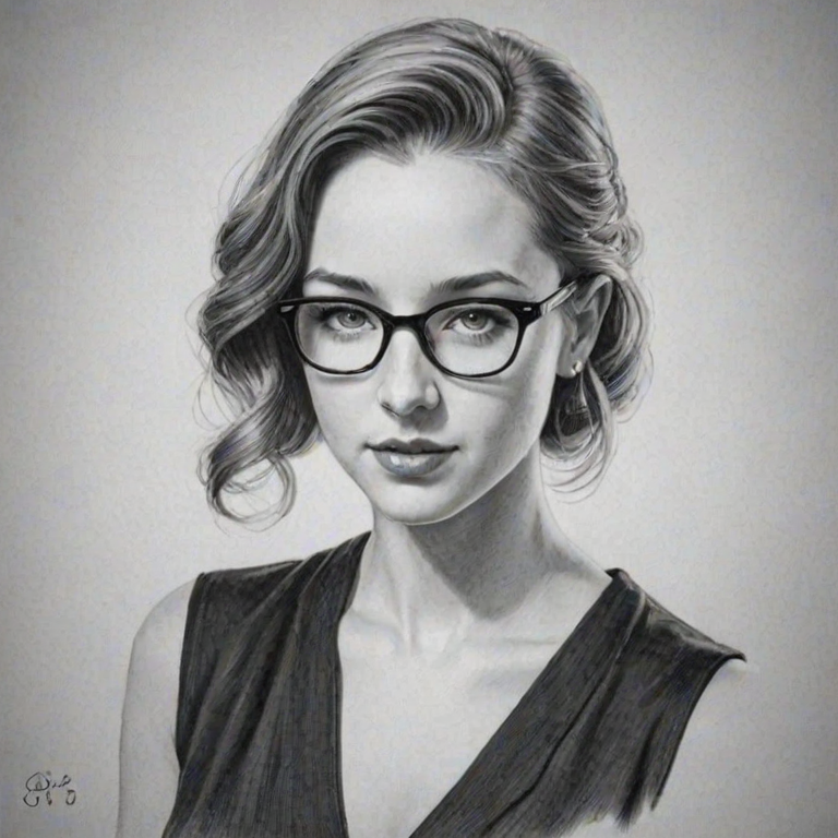 Gorgeous Haley Ramm, pencil sketch, portrait of Captivating woman 1935s in glasses, hair style beatnik, outline, clear lines, fine lines, 8k