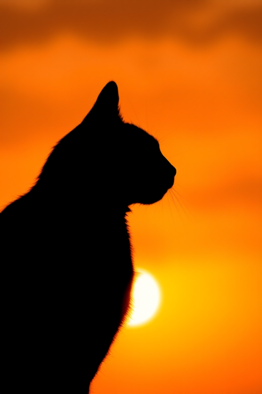 Generate a high-resolution image of a stylized cat silhouette against a vibrant sunset background with warm tones, using a DSLR camera with a 50mm f/1.8 lens, aperture set to f/2.8, ISO 100, and a slight vignette effect for artistic depth.