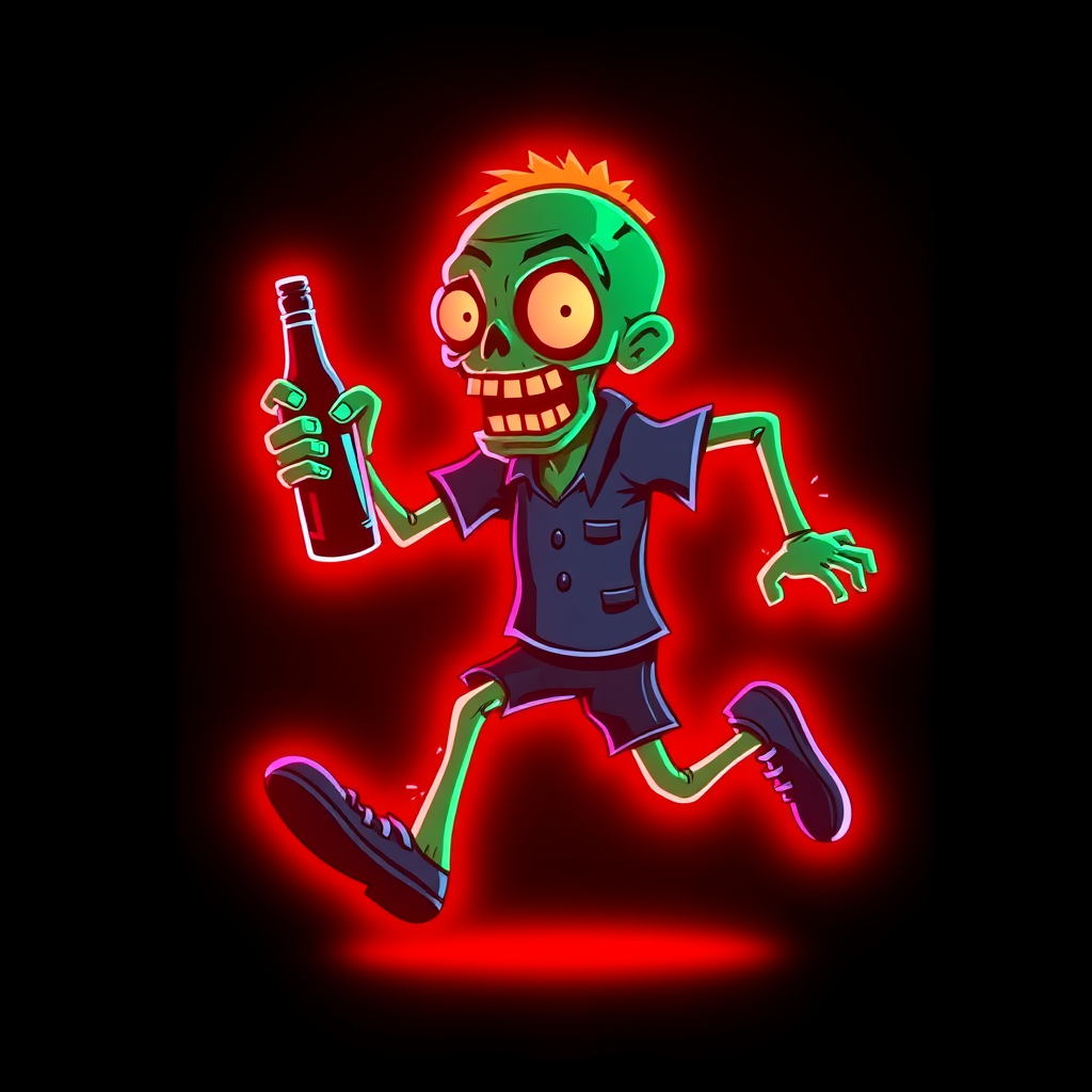 Create an image of a neon sign featuring a cartoon-style zombie in a dynamic pose, holding a bottle. The neon sign should glow in red against a dark background, making the character stand out prominently. The character should appear to be running, capturing attention with its vibrant color and action pose, perfect for advertising or decorative purposes.