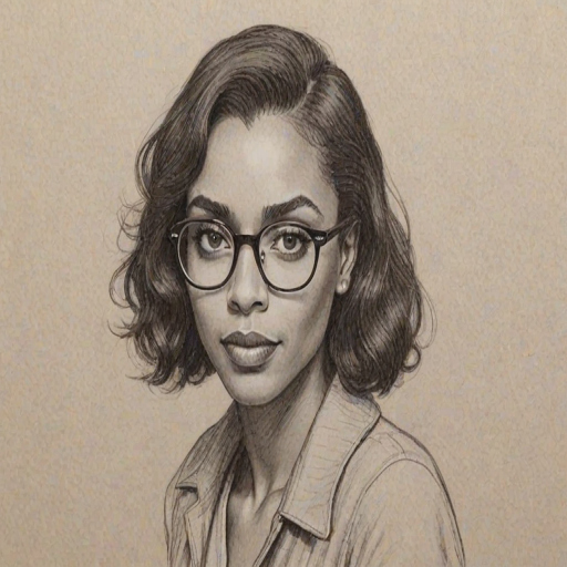 Lovely Marsha Thomason, pencil sketch, portrait of Bewitching woman 1934s in glasses, hair style beatnik, outline, clear lines, fine lines, 8k