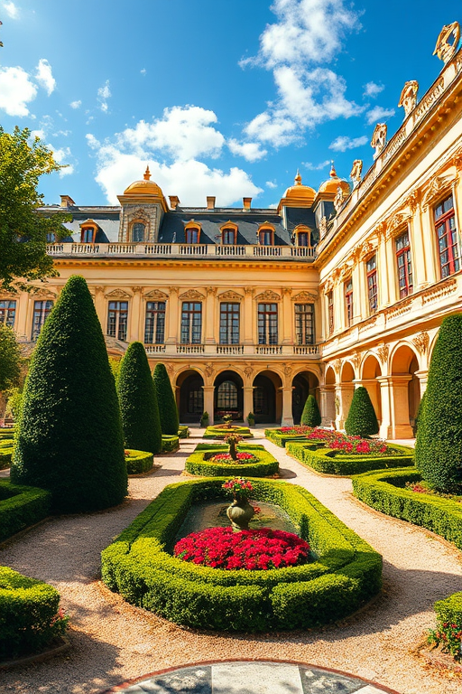 regenerate the image of the Palace of Versailles gardens from a low angle with vibrant colors, using a DSLR camera at f/8 aperture, ISO 100, 24mm focal length, and a wide-angle lens to capture depth and detail in the architecture and greenery.