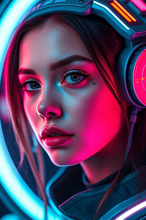 Generate a futuristic portrait of a female character with neon elements, cinematic lighting, high contrast, close-up view, using a DSLR camera at f/1.8, 50mm lens, ISO 200, and shot in RAW format for enhanced image quality.