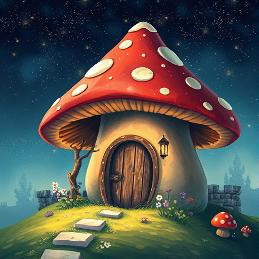 this picture is illustration of a mushroom house with a door and a window, a storybook , fantasy art, mushroom house, bg starry sky, sparkles