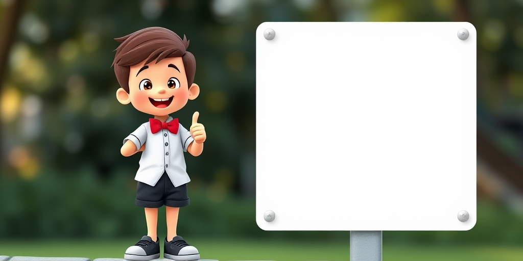 Create a cartoonish character of a boy with a thumbs up gesture, wearing a red bow tie, white shirt, and black shorts, next to a blank square sign, in high resolution with a 50mm lens, f/2.8 aperture, ISO 100, natural lighting, soft focus background.