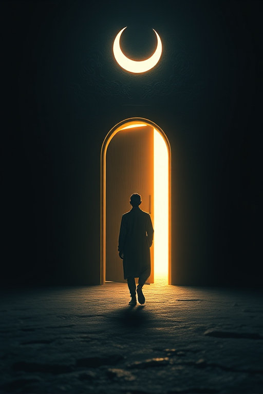 a serene figure walking towards a glowing doorway with a crescent moon on their head in a dark, textured environment, 50mm lens, f/2.8 aperture, ISO 100, soft focus background, shot from a low angle, digital art style, high-resolution render