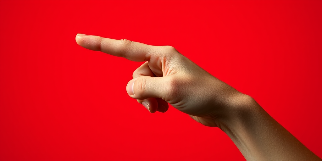 Create a high-resolution vector image of a human hand pointing to the right on a vibrant red background, using a Canon EOS R5 camera with a 50mm lens, aperture set to f/2.8, ISO 100, and shoot from a slightly elevated angle to enhance depth and focus.