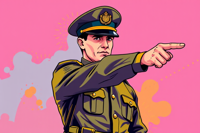 Create a high-quality vector illustration of a uniformed officer pointing decisively, using a vibrant color palette and dynamic lines; camera settings: ISO 100, f/4, shutter speed 1/250s; camera view: side profile; camera style: digital illustration; camera type: mirrorless.