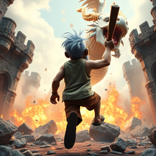 Cartoon 3D High-Resolution,dynamic battle scene using Unreal Engine 5 and Octane Render. The scene features back of an elderly, thai man with a beard,messy hair and round golden-rimmed glasses. He is wearing a tattered tank top with soot marks, shorts, and sandals. sweating. he wields a baseball bat. He jump to fight with a white fire-breathing Europe dragon amidst a partially destroyed stone castle. Include intense flames, smoke, and debris to enhance the dramatic effect.