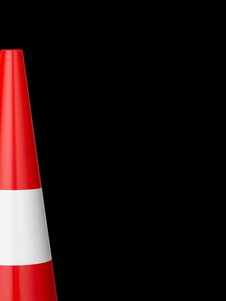 Create a high-resolution image of a red and white striped traffic cone with a smooth surface and clear edges, using a DSLR camera with a 50mm lens, aperture set to f/2.8, ISO 100, and a focus on the cone; use a straight-on view against a solid black background.