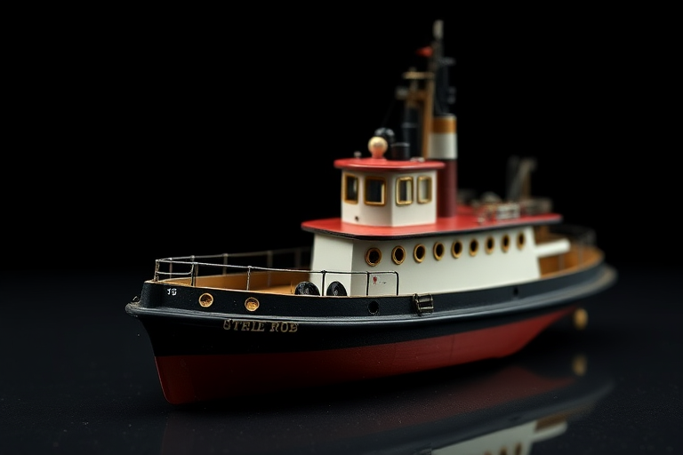 Create a highly detailed image of a vintage tugboat model, captured with a Canon EOS R5 camera, using a 50mm f/1.2 lens at f/8 aperture, ISO 100, 1/125 sec shutter speed, in a well-lit studio setting with a black background for contrast and clarity.