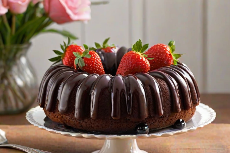 Create an image of a chocolate bundt cake topped with fresh strawberries and blackberries. The cake should have a glossy chocolate glaze dripping down the sides. Place the cake on an elegant cake stand with a decorative design, and include some scattered berries around the base for an appealing presentation.