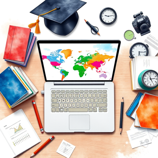 Create an illustration of an academic workspace featuring a laptop with a colorful map on the screen, surrounded by stacked books, a graduation cap, a pencil, a clock, and scattered papers, using vibrant watercolor style, shot with a Canon EOS R5, 50mm lens, f/1.8 aperture, ISO 200, top-down view, soft natural lighting for enhanced image quality.