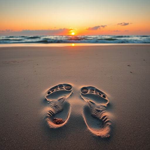 Create a high-resolution image of a pair of footprints on a sandy beach during sunset, with a DSLR camera set to f/8 aperture, 1/250 shutter speed, ISO 100, front view, and soft lighting to enhance texture and detail.