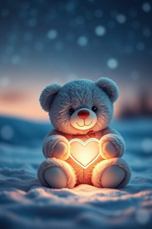 Create a cute, fluffy teddy bear sitting on a snowy surface under a starry sky, holding a glowing heart, with a vibrant color palette, captured with a DSLR camera at f/2.8, ISO 100, 1/250s, 35mm lens, focused on the bear, with a soft bokeh effect in the background to enhance image quality.