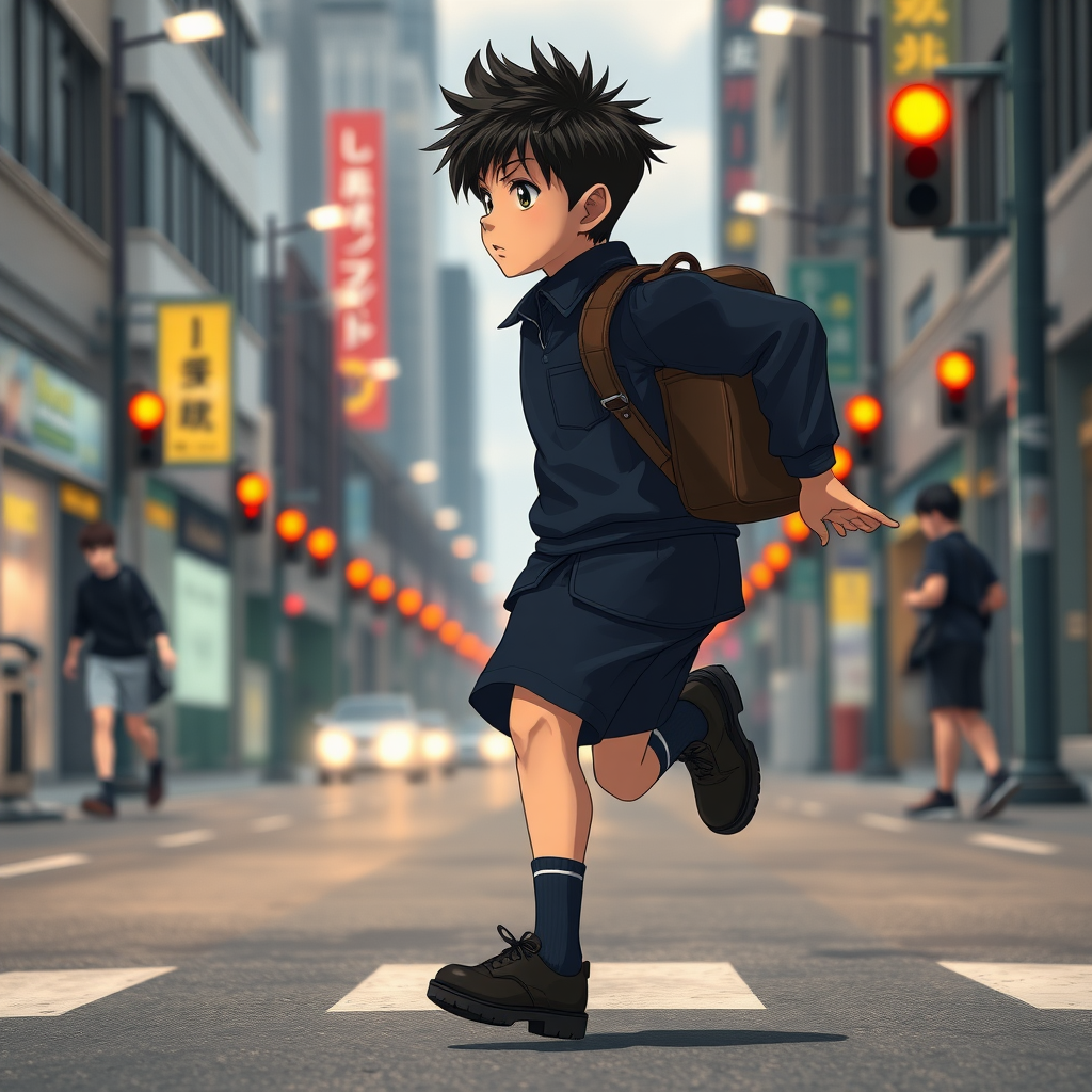 In the Japanese boondocks photorealistic anime, the camera focuses on strong muscular sideview of 9 year old boy his perfect face conveys powerful mighty passion, wearing black school dress-shoes, wearing dark blue matching school uniform. he runs lightly across wide busy city street. with stoplights in backdrop, The animation highlights the dynamic of the boy's clothes and hair blowing in the wind as he moves around, wearing leather backpack,