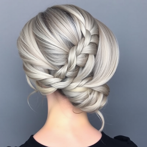 Silvery gray hair styled in a sleek low ponytail with an intricate braided wrap, Sterling Elegance design, showcasing a polished and sophisticated look with a modern twist