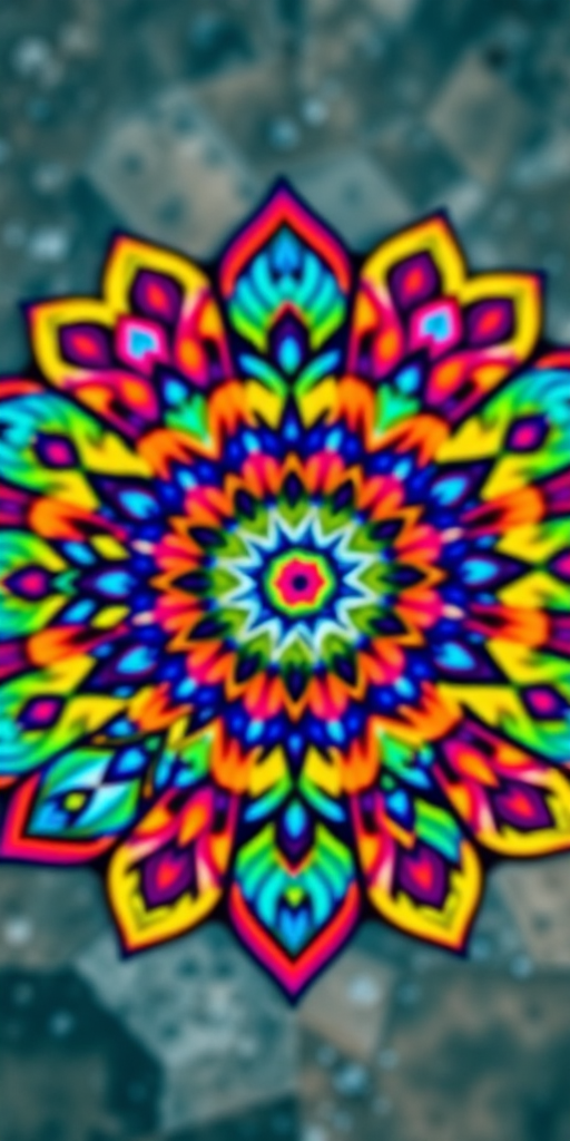 create a vibrant and intricate mandala design with symmetrical patterns and vivid colors, using a Canon EOS R5 with a 50mm f/1.2 lens, aperture set at f/4, ISO 100, shot from an overhead view with a soft focus background to enhance details and texture.