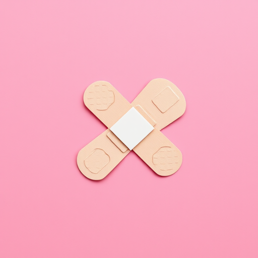 create an illustration of two overlapping adhesive band-aids on a pink background, using a DSLR camera, with a 50mm lens at f/2.8, ISO 100, natural lighting for clarity and depth, capturing a flat lay perspective to enhance color vibrancy and detail