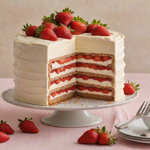 Create an image of a layered cake with fresh strawberries on top. The cake should have a light cream frosting, and one slice should be cut out to show the layers filled with strawberries and cream. The background should be simple and bright, emphasizing the cake's features.