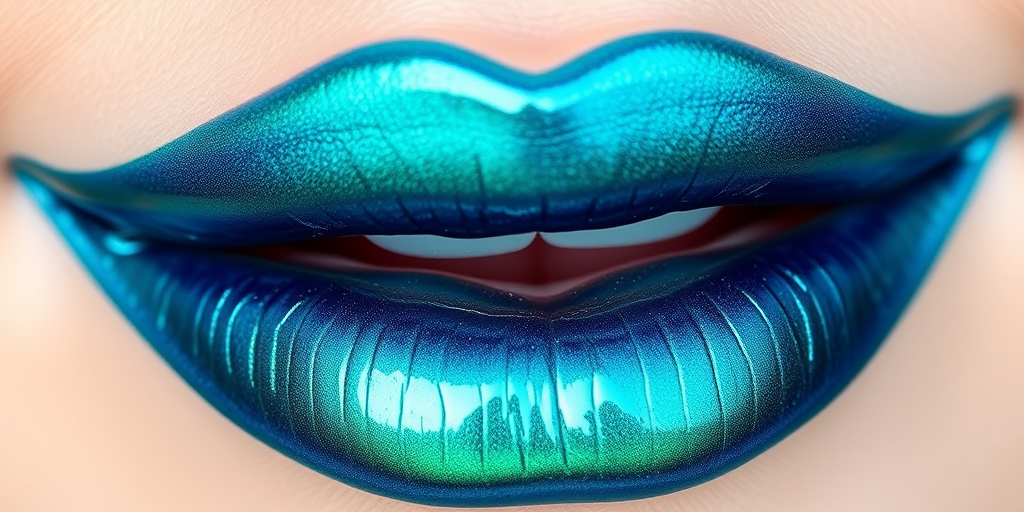 Duochrome teal lip lacquer "Mermaid's Kiss" with blue-green shift and high-gloss finish, perfect for underwater-inspired looks and creative makeup, water-resistant formula