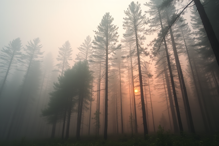 misty forest landscape at dawn with towering pine trees, soft muted colors, high dynamic range photography, 50mm lens, f/2.8 aperture, ISO 200, shutter speed 1/125 sec, taken from a low angle perspective, DSLR camera