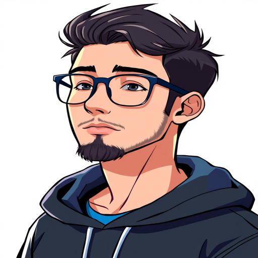 Generate a high-resolution illustration of a young man with glasses and a goatee, wearing a black hoodie with a blue lining, use a digital art style with sharp lines and vibrant colors, simulate a DSLR camera effect with a focal length of 50mm, aperture set to f/2.8, and a soft-focused background.