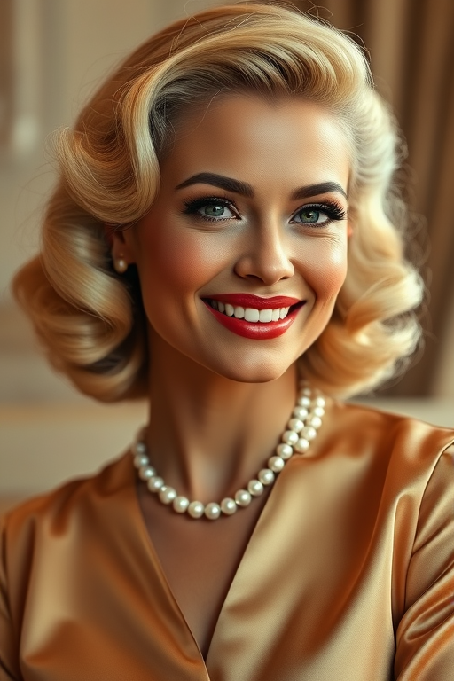 A beautiful Creole woman reminiscent of 1950s Hollywood glamour, with perfectly styled blonde hair and a seductive smile, dressed in a satin blouse and adorned with pearls, soft and warm tones, photorealistic, 8K