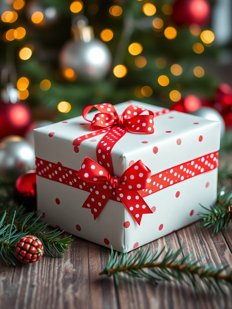 A beautifully wrapped gift box with a red polka dot ribbon surrounded by Christmas decorations like ornaments and pine branches on a wooden surface, shot with a Canon EOS R6, 50mm lens, aperture f/2.8, ISO 200, soft bokeh in the background.