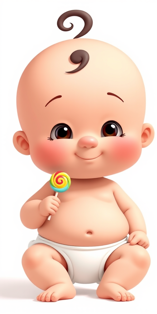 Create a high-resolution image of a cartoon baby with a round head and a curly tuft of hair, wearing a diaper, holding a colorful lollipop, shot with a Canon EOS 5D Mark IV, ISO 100, f/8 aperture, 50mm lens, natural light, front view.