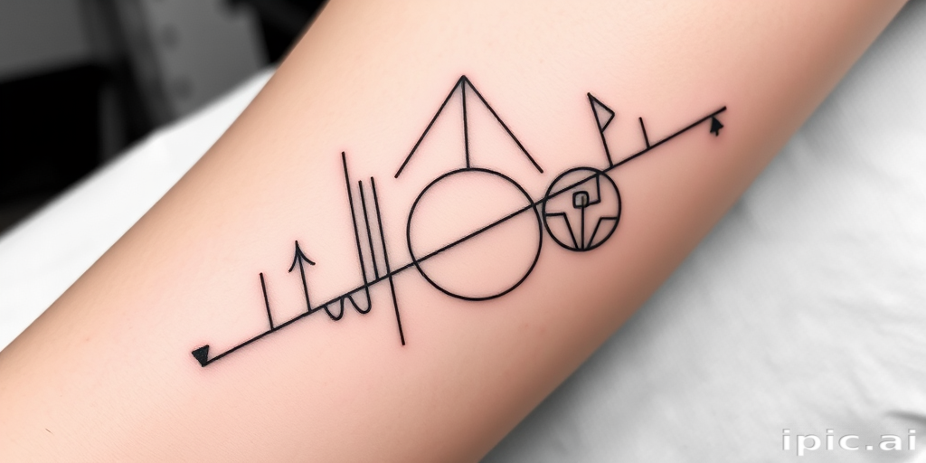 Minimalist blackwork tattoo named "Geometric Harmony" showcasing clean crisp lines forming abstract shapes and patterns interconnected in a balanced composition with varying line weights and negative space creating depth