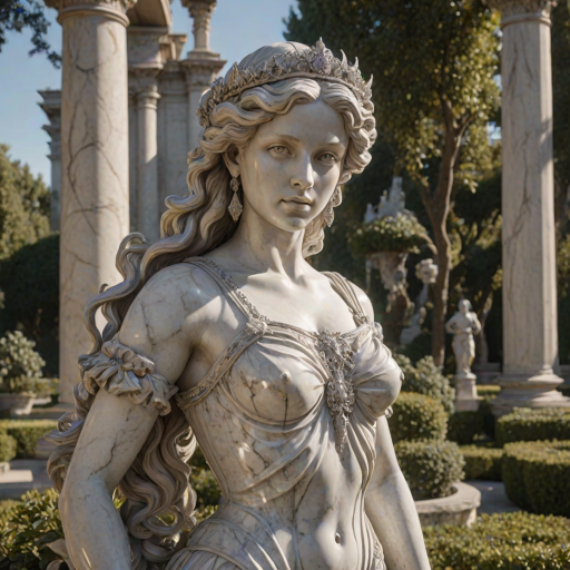 beautiful renaissance princess marble statue decorated with silver ornaments, standing in the sun (marble garden: 1.2), surrounded by topiaries, intricate curly hair, flawless marble skin, (weathered marble texture:1.35), detailed eyes, masterpiece, best quality, intricate details, high detail RAW color photo, very detailed, glorious lighting, cinematic lighting, contrast, bright light, gigapixel, 8k resolution, film, octane rendering, unreal, high definition, 8k uhd, professional lighting, photon mapping, radiosity, physically based rendering, award-winning photography, backlight, Photorealistic, Light particle tracing, vivid color, Obvious layers,Photography Award