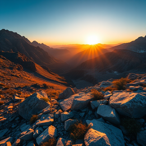 capture a scenic mountain landscape during golden hour with warm sunlight illuminating the rocky terrain and distant peaks, using a DSLR camera with a 24mm lens, aperture f/8, ISO 100, shutter speed 1/200s, positioned at eye level for a wide-angle view