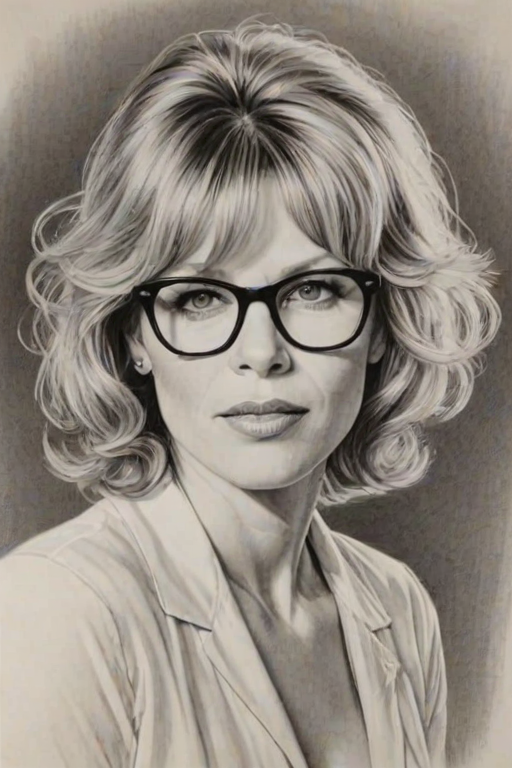 Enticing Kate Capshaw, pencil sketch, portrait of Comely woman 1951s in glasses, hair style beatnik, outline, clear lines, fine lines, 8k
