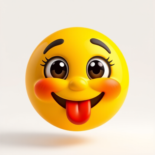 Create a high-resolution digital illustration of a playful emoji with a yellow face, large expressive eyes, and a tongue sticking out, using a Canon EOS 5D Mark IV with a 50mm f/1.4 lens, in a bright studio lighting setup and at a 100 ISO setting to enhance color vibrancy and detail.